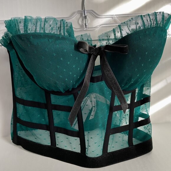 Victoria Secret Bra 32C Dream Angels Bustier Long Line Green Black Boned Ruffle - Picture 8 of 14